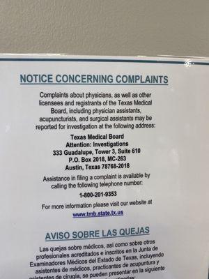 Complaint contact information