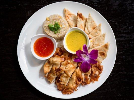 Fried Chicken served with sweet chili sauce, yellow curry sauce , egg fried rice & flatbread