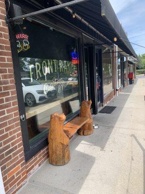 Cute outdoor bear bench that goes with their Front Range theme