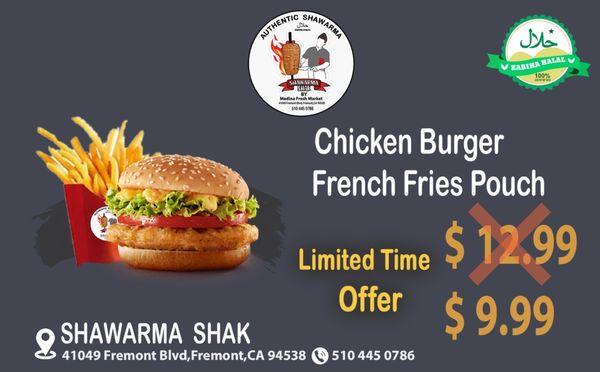 Fresh halal ground chicken served with frensh fries and your choice of mini sodas