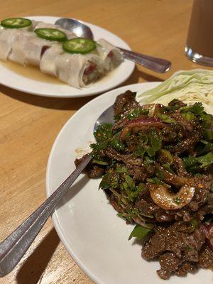 Spring Rolls and stir fried beef