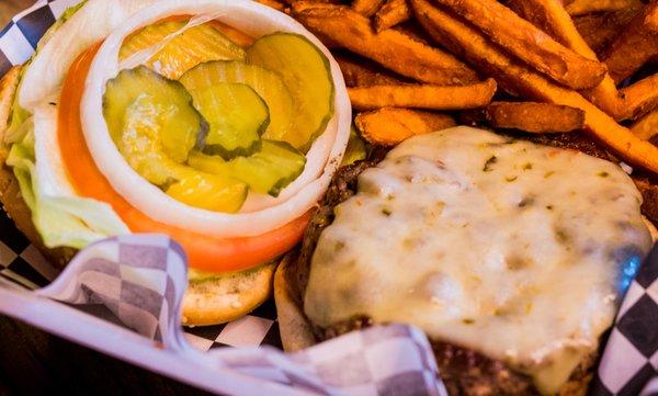 PEPPER JACK BURGER & SWEET POTATO FRIES