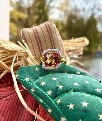 Two toned step cut square Citrine with diamond haloRing