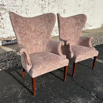 Reupholstered Winged Armchair Pair