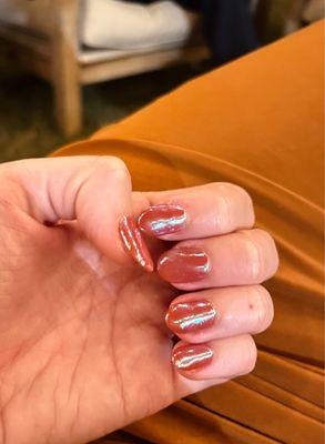 Dip + tips; beautiful fall rust color (sorry I can't remember name but I believe OPI) (+) chrome