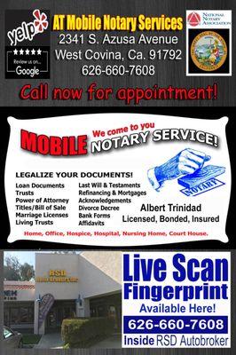 We offer mobile notary to your location. Call now for appointment