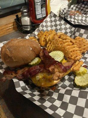 Burger and waffle fries