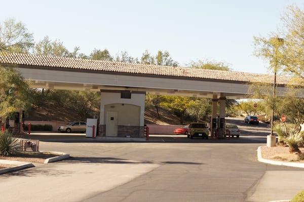 Safeway gas station located in the same parking lot.  Super easy in and out.  The pumps are also on 24hrs a day if using a card.