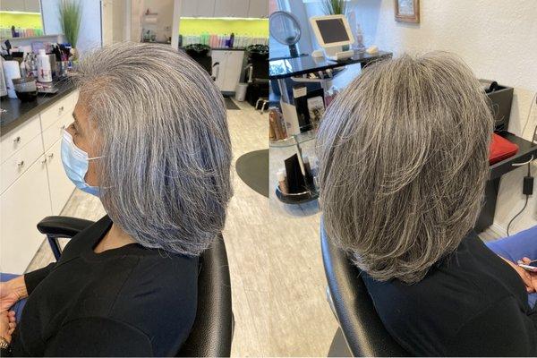 Natural grey with medium layers cut. @sanahairstudio