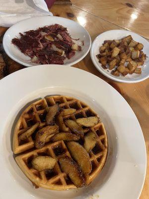 Fuji apple waffle.17$. Side of homefries. $1. Side of hash. 6$.