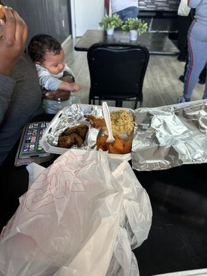 Wings, yams, Mac n Cheese