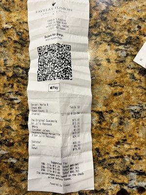 Receipt from tonight. Just ordered Chips/guac/salsa/drinks. Terrible service.