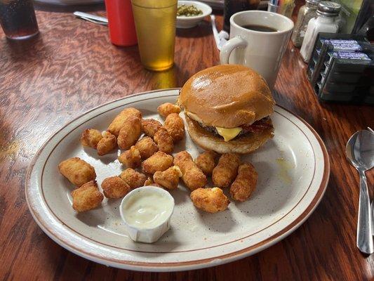 Cheeseburger, Cheese Balls and Coffee.