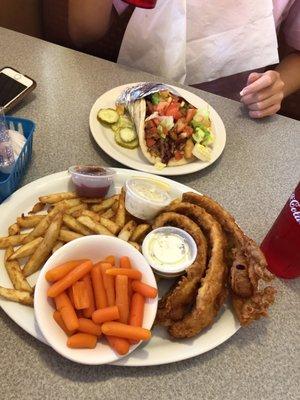 Lake perch and fries, and a chicken finger pita + bacon!