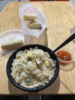 House Fried Rice with Chicken and Spring Rolls