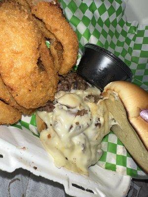 Swiss & Shroom Burger with onion rings