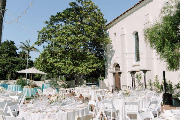 Overall layout on the outdoor patio at the Unitarian Society of Santa Barbara with KB Events