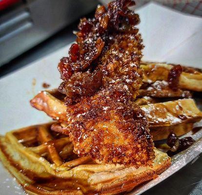 chicken and waffles with bacon jam