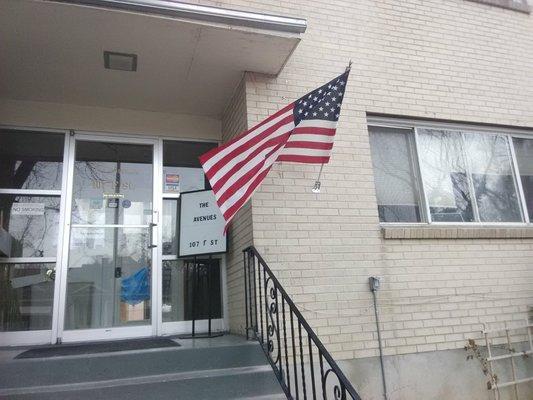 Front entrance to the AVENUES hostel, and the beautiful Stars n Stripes...