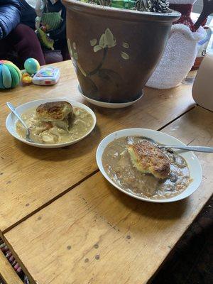 Mushroom gravy with biscuit and chicken soup with biscuit.