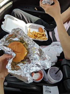 Cheddar burger and a cookout tray!! Cheers wine float and cheer wine