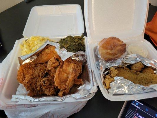 Fried chicken, catfish, Mac and cheese, collard greens, cornbread