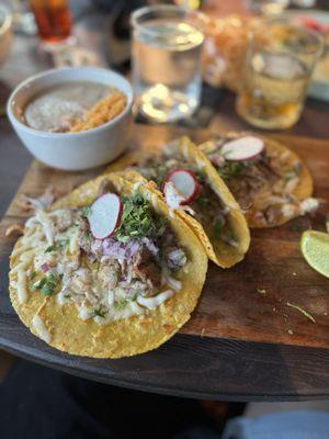 Smoky Asada tacos with Jalisco Old fashion in the background. So tasty!