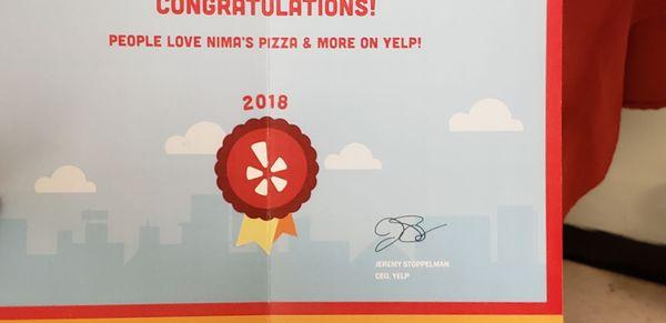 YELP AWARD 2018 one of Several