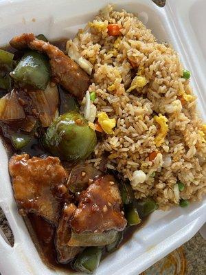 Pepper steak and chicken fried rice