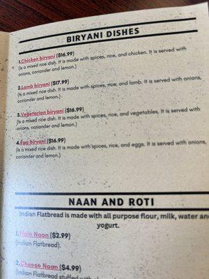 Biryani menu