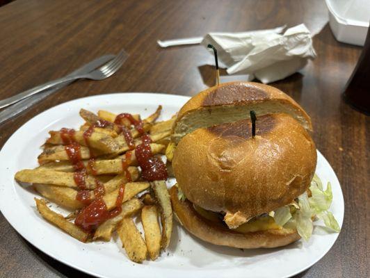 Lunch special dbl meat dbl cheese burger n fries.