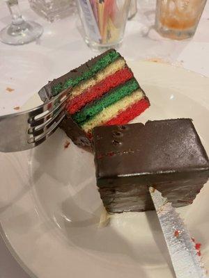 Chocolate covered rainbow cake