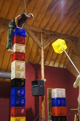 milk crate stacking fun in the Barn Loft