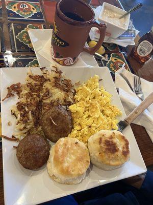 Biscuits delicious, sausage good, hash browns greasy and not crisp, eggs scrambled hard, gravy cold. $5.75. Price very cheap.