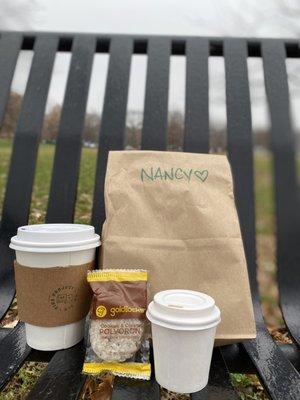 My first order - cheese danish (in the bag), shot & a cookie, & the Purple Chai. They were all different & delicious.