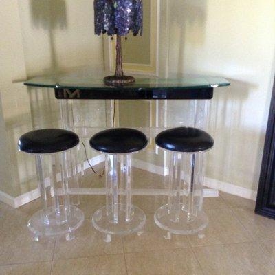 Lucite Bar with Glass Top, 3 Matching Stools.  
 A few scratches from moving, otherwise beautiful.