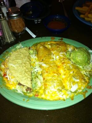 Cheese enchiladas and crunchy ground beef taco