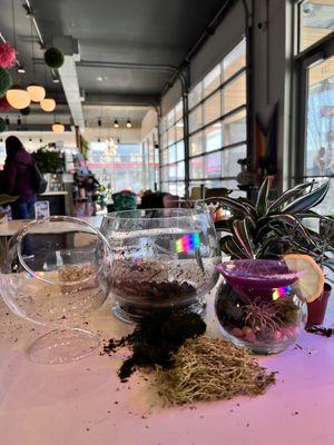 Enjoy sipping on our crafted Cocktails or Cocktails while building a terrarium at the Plant Bar!