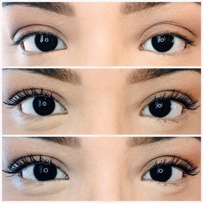 Top photo: no mascara; Middle photo: 1 coat of mascara; Bottom photo: 2 coats of mascara. Verdict: Get yourself a lash lift!