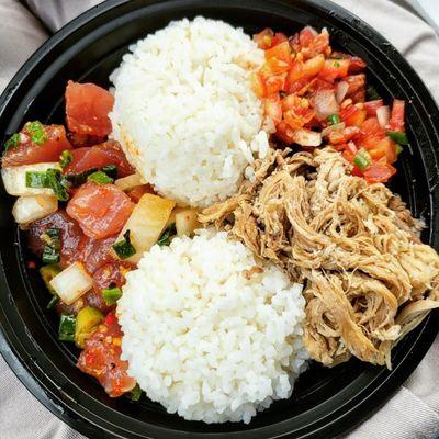 #2 bowl. hawaiian chili pepper ahi poke, kalua pig, lomi salmon, and two scoop rice.