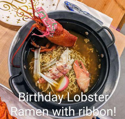 Management added a pink ribbon to the lobster head as she knew we were celebrating a birthday. Too funny.