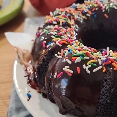 Chocolate bundt with sprinkles.