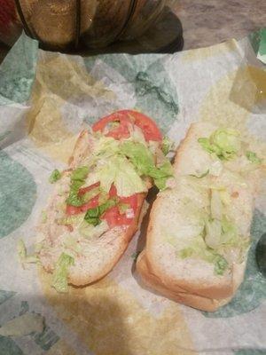 This is my 6inc tuna from subway in selden. Will never go there again. And the ends of the crust were hard too. Worst subway on Long Island.