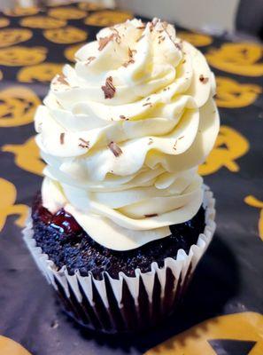 Simply Sweet (sugar-free) black forest cupcake with delicious vanilla icing, chocolate cake, and cherry filling!