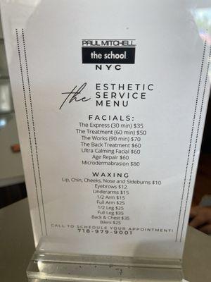 This is a list of the esthetic service menu!