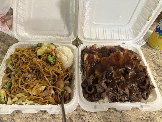 Chicken yakisoba (w/rice) and chicken and beef teriyaki (w/rice).  Good amount of food :)