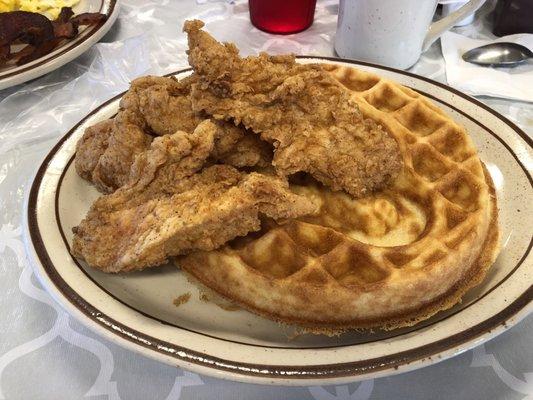 Great chicken and waffles complete with peppered syrup