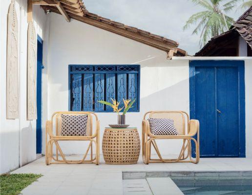 Patio decor at Spanish style bungalow.