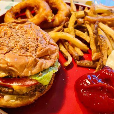 Excellent double cheeseburger & crazy good onion rings and good fries