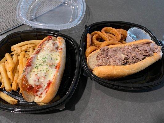 Meatball sandwich with fries and Italian beef with onion rings